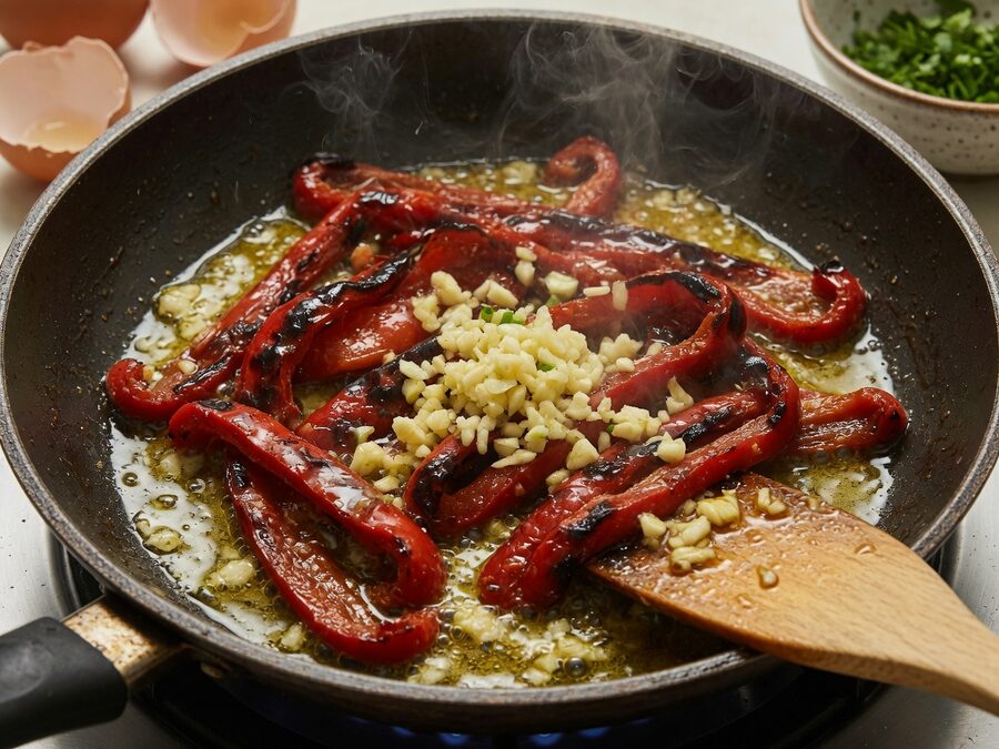 Korak 1 — omlet sa pečenim paprikama