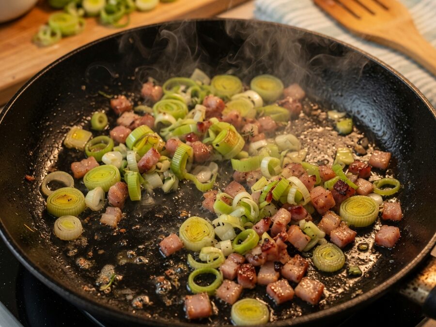 Korak 1 — omlet sa prazilukom i slaninom