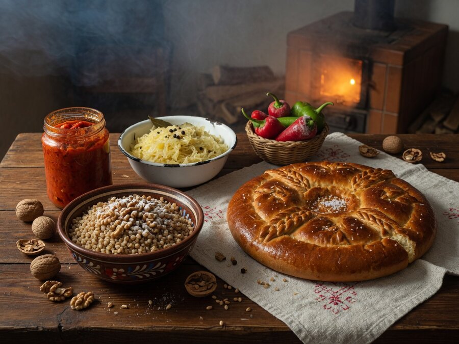 Zajednički srpski sto — žito, ajvar, kiseli kupus i slavski kolač